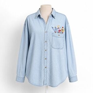 Vintage 90s‎ Floral Embroidered Denim Button Shirt L Cottagecore Granola Garden